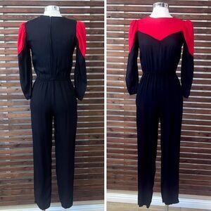 1970s 70s Vintage Marissa Red & Black 3/4 Sleeve Disco Jumpsuit w/ Pockets - 3